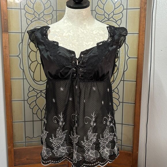 Tops - Vintage Y2K 90's V-Neck Babydoll Tie Front Sheer Embroidered Lace Blouse Size L